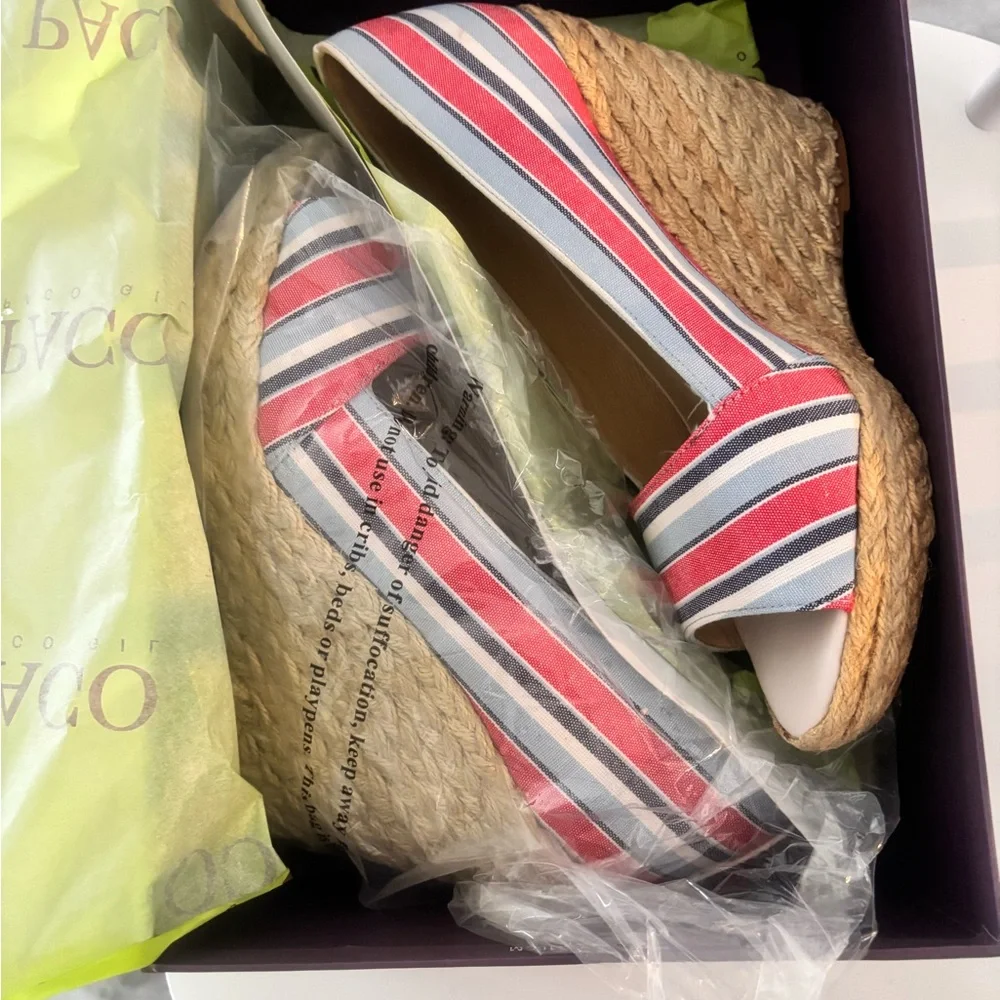 NWT Paco Gil Red and Blue Striped Espadrille Wedges